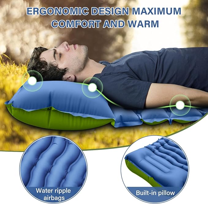 Camping Sleeping Pad, Ultralight Inflatable Sleeping Mat with Built-in Foot Pump & Pillow, Compact Camping Air Mattress for Camping, Backpacking, Hiking, Tent