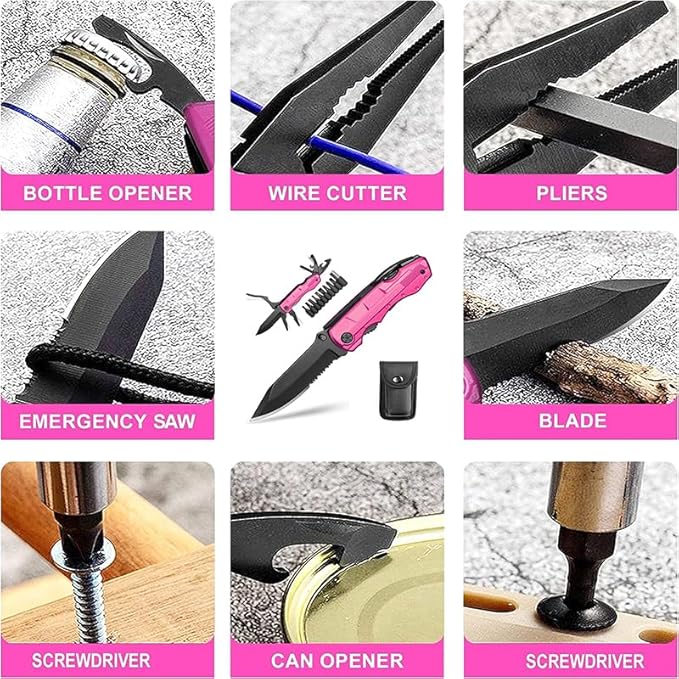 Gifts for Women Mom Wife Girlfriend, Pink Multitool Pocket Knife,Tactical Knife for Camping, Emergency, Outdoor, Daily Use, Unique Mothers Day Birthday Anniversary Valentines Day Gift Ideas for Women