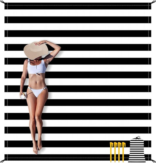 Large Beach Blanket, Black & White Stripe Beach Mat Sand Free Waterproof, Polyester Picnic Blankets Sandproof Stainproof Oversized 9 Ft X 10 Ft for 8 Adults, Beach Essentials Accessories