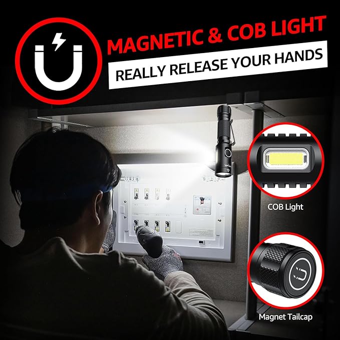 A5 Flashlight,EDC Flashlight with Magnet, 2Pack Mini Tactical Flashlight,Dual Fuel Max 700 High Lumens,6 Modes,Cob worklight for Camping, Emergency(Not Included Battery) Gift