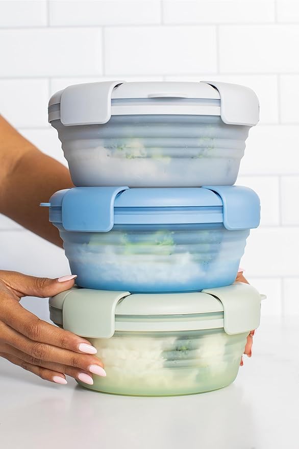 STOJO Collapsible Bowl 5 Set - Translucent Eucalyptus, 36oz - Reusable Silicone Bowl for Hot and Cold Food - Perfect for Travel, Meal Prep, To-Go Lunch, Camping & Hiking - Microwave & Dishwasher Safe