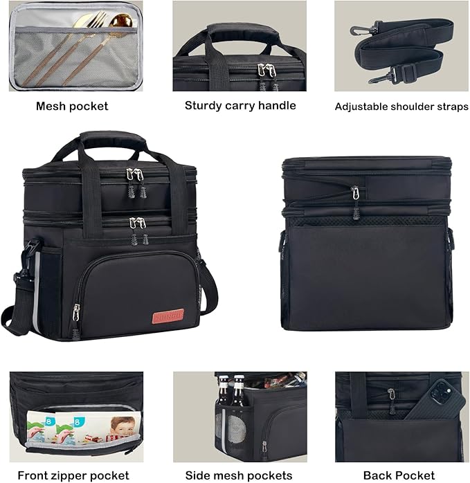 Lunch Box For Men/Women,Large Double-layer Insulated Expandable Reusable Leakproof Cooler Bags For Adults,Lunch Bag With Adjustable Shoulder Strap For Office Travel Picnic(Black)