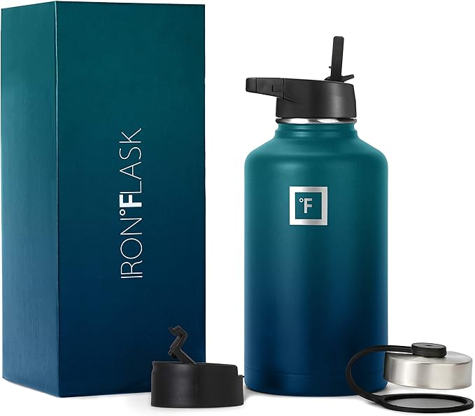 IRON °FLASK Camping & Hiking Hydration Flask, Wide Mouth, 3 Straw Lids, Stainless Steel Outdoor Water Bottle, Double Walled, Insulated Thermos, Metal Canteen - Dark Night, 64 Oz