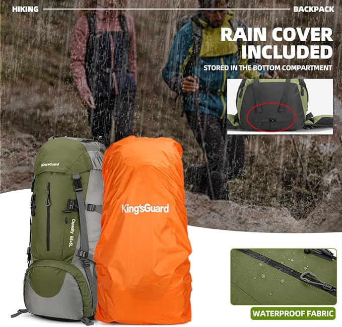 King'sGuard 70L Hiking Backpack Large Lightweight Waterproof Camping Backpack Travel Backpacking Backpack Daypack with Rain Cover -Frameless (Army Green)