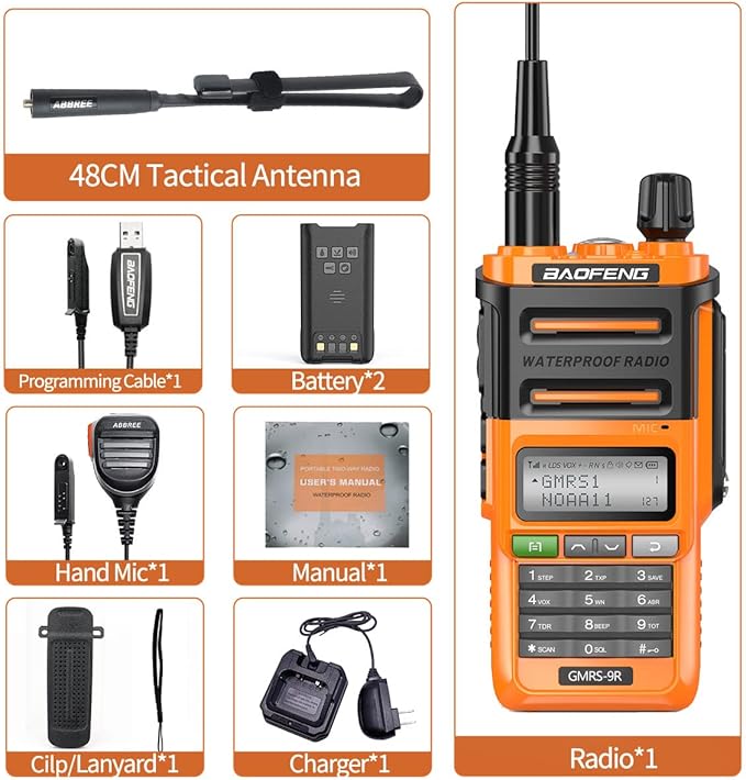 Baofeng GMRS-9R GMRS Radio Waterproof IP67 5W Rechargeable Two Way Radio for Adults,NOAA Scanning&Receiving,GMRS Repeater Capable with Extra Tactical Antenna,2800mAh Battery,Speaker Mic Orange