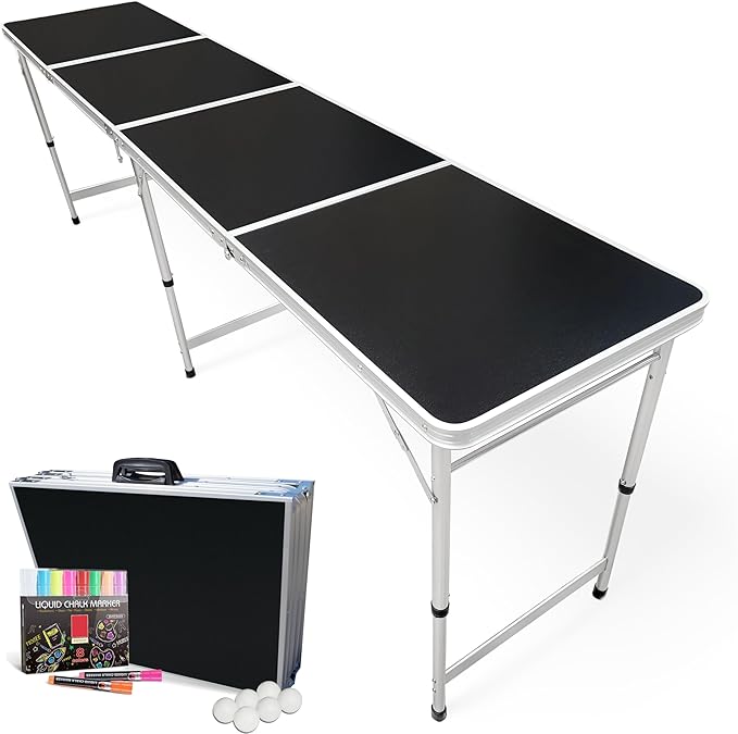 PartyPong 8-Foot Folding Pong Table w/LED Lights, Erasable Markers & Pong Balls - Black Erasable Surface