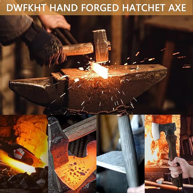 11.6" Hatchet, Camping Axe, Hand Forged Axe with Sheath, Bushcraft Axe with 1065 Carbon Steel and Beech Handle for Wood Splitting and Chopping Gardening