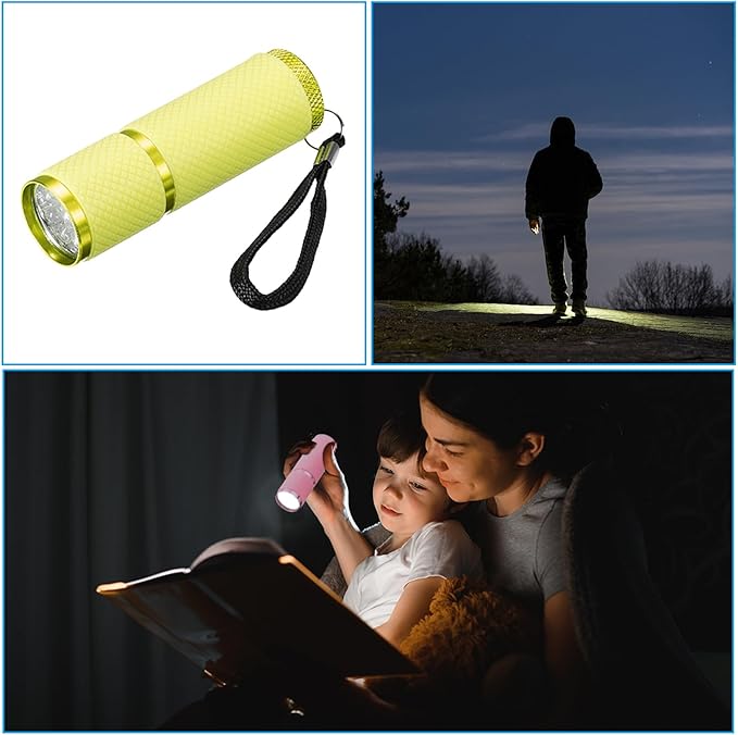 PATIKIL 9 LED Glow in Dark Flashlights, 2 Pcs Mini Aluminum Flashlight Rubber Coated Flashlight with Strap for Camping, Hiking, Party, Yellow