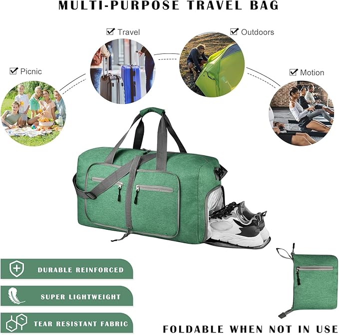 Dimayar 85L Travel Duffle Bag for Men Women - Foldable Duffel Bag with Shoes Compartment - Overnight Bags Waterproof & Tear Resistant(Forest Green)