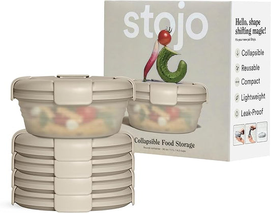 STOJO Collapsible Bowl 5 Set - Translucent Oat, 36oz - Reusable Silicone Bowl for Hot and Cold Food - Perfect for Travel, Meal Prep, To-Go Lunch, Camping & Hiking - Microwave & Dishwasher Safe