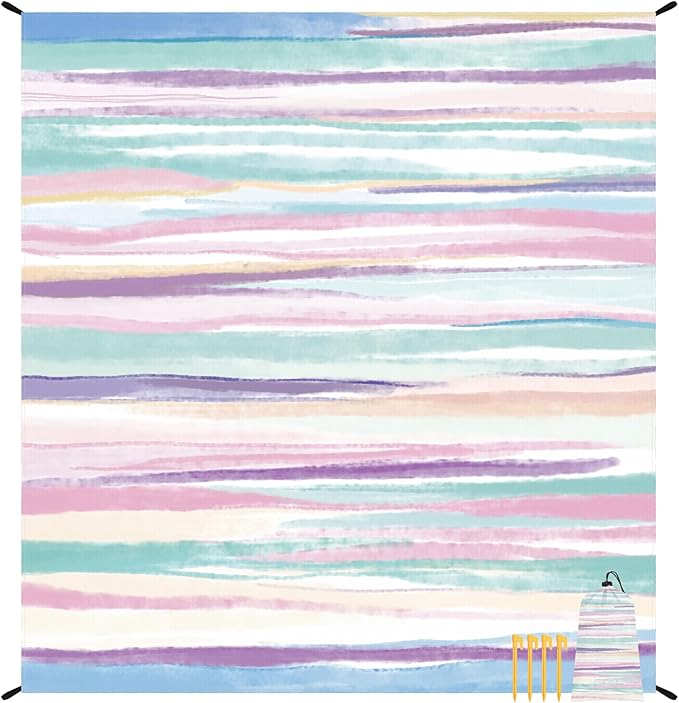 Beach Blanket Sandproof, 78”x 86” Large Beach Mat Sand Free Waterproof with 4 Pocket & Stakes, Lightweight Compact Foldable Beach Essentials for Picnic, Travel, Camping, Outdoor - Watercolor Painting