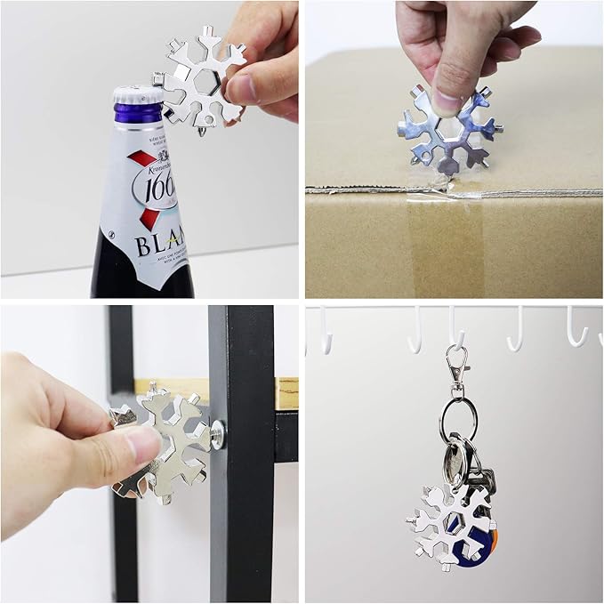 18-in-1 Snowflake Multi Tool, 4 Pack Stainless Steel Snowflake Bottle Opener/Flat Phillips Screwdriver Kit/Wrench, Durable and Portable to Take