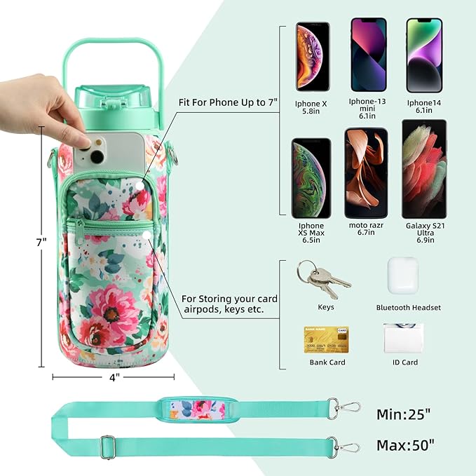 Half Gallon 64oz Glass Water Bottle with Straw and Storage Sleeve Motivational Water Bottle with Strap and Time to Drink 2L Leakproof Reusable Water Jug for Fitness Gym and Outdoors