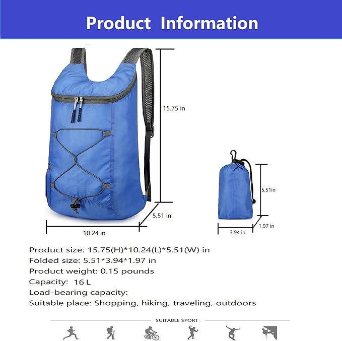 16L Hiking-Daypack Lightweight-Foldable Travel-Backpack Water-Resistant Camping Outdoor Packable Easy Carry-on Bag (Royal Blue)