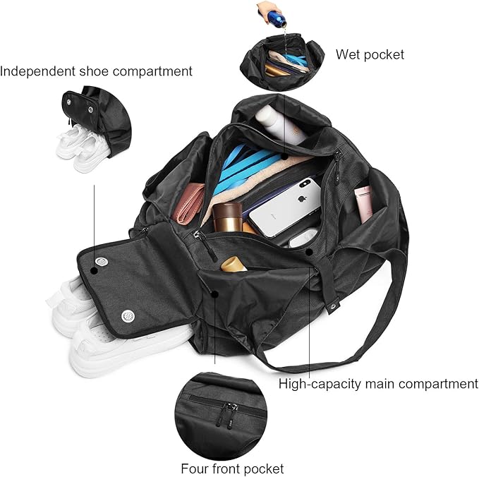 Travel Yoga Gym Bag for Women, Carrying Workout Gear, Makeup, and Accessories, Shoe Compartment and Wet Dry Storage Pockets(Medium,Black)