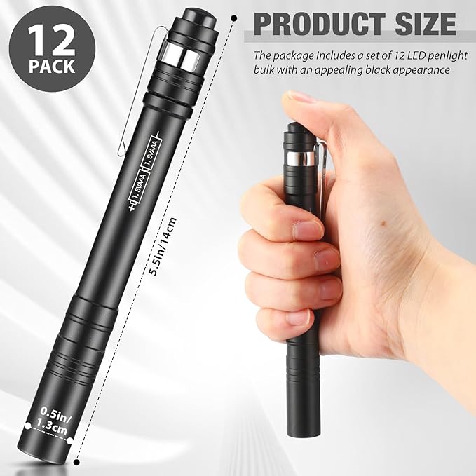12 Pack LED Penlight Bulk, Pocket Flashlight with Clip, Aluminum Pen Flashlights Mini Pen Light for Nurses Hospital Outdoor Camping Emergency Hiking (Black)