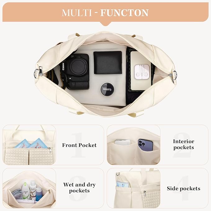 Maelstrom Gym Bag for Women,40L Travel Duffel Bag with Shoes Compartment and Wet Pocket,Waterproof Carry On Weekender Bag,Sport Gym Tote Bags Swimming Yoga, Hospital Holdalls-Beige