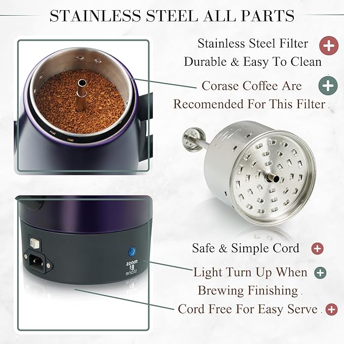 Moss & Stone Percolator Coffee Pot Electric 10 Cup, Stainless Steel Purple Coffee Maker, Coffee Percolator Electric With Keep Warm Function, 10 Cups Stainless Steel Percolator With Coffee Basket