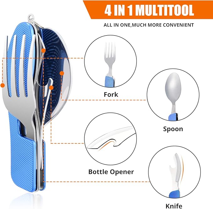 HIKENTURE Camping Utensils 2 Pack,4-in-1 Stainless Steel Spoon, Fork, Knife, and Bottle Opener Combo - Lightweight and Portable Travel Eating Silverware for Hiking, Backpacking, Boy Scout(Blue 2pack)