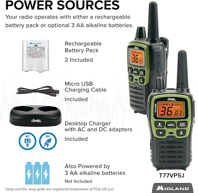 Midland - T77VP5J FRS Jeep® X-TALKER Extreme Dual Pack - 22 Channels, 121 Privacy Codes, Water Resistant - Clear Communication with Weather Alert - Jeep® Branded Carrying Case & Headset Included
