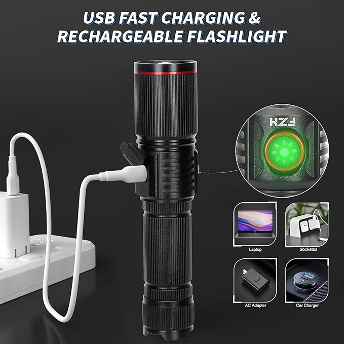 FZH Flashlights High Lumens Rechargeable 2PC 10000LM LED Infinitely Dimmable Super Bright USB Flash Light Powerful Handheld Tactical Torch, 5 Modes, Waterproof for Outdoor Emergencies Camping