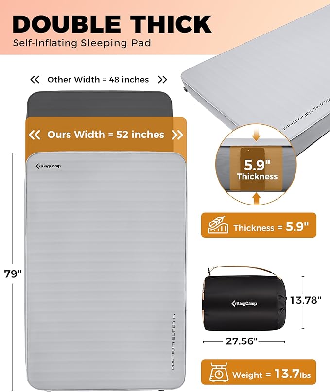 KingCamp Self Inflating Sleeping Pad for Camping Ultra Thick Double Single Foam Mattress High R Value Camping Air Pad Mat, Multi Colors & Sizes