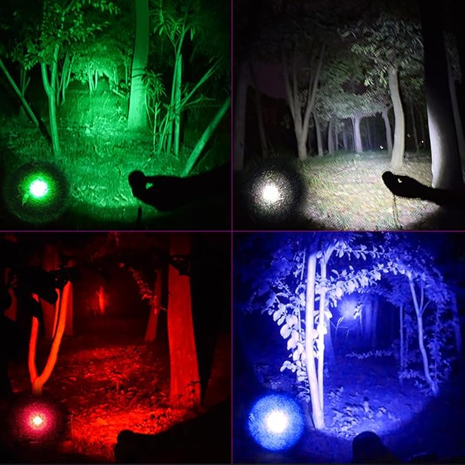 Red Flashlight Rechargeable 2 Pack, LED Green Light Flashlight, Blue Light Flashlights, 4 in 1 White Light, Red Light, Blue Lights and Green Lights, 4 Modes, Waterproof Zoomable Flash Light
