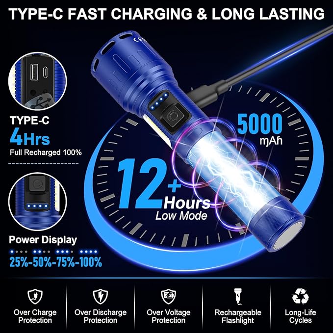 Flashlights 100,000 High Lumens Rechargeable - Super Bright LED Magnetic Flashlight with Sidelight 8 Modes Waterproof Powerful Handheld Flash Light for Emergency (1 Pack with Leather Box, Blue)