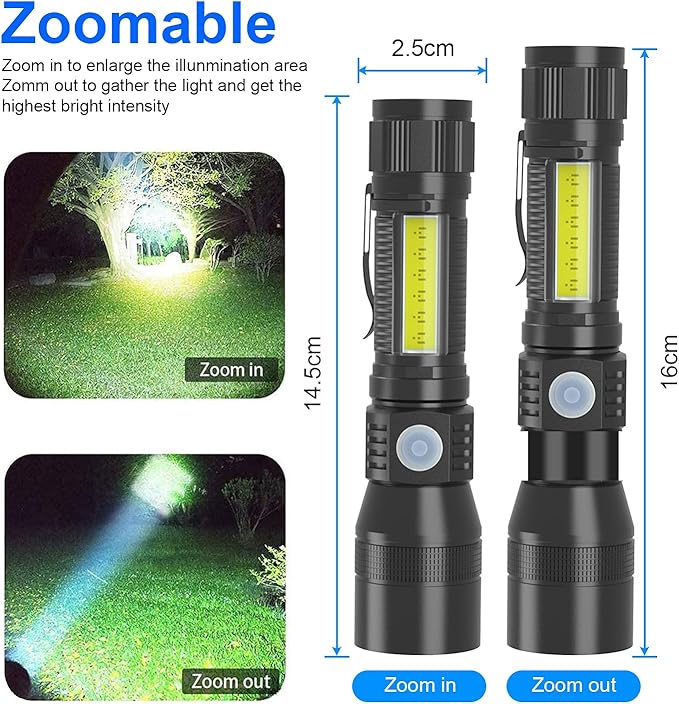 3-in-1 Super Bright Black Light Flashlight, 1200 Lumens, 7 Modes, Zoomable, IPX6 Waterproof, UV Light, Pet Clothing Detection, 2 Pack