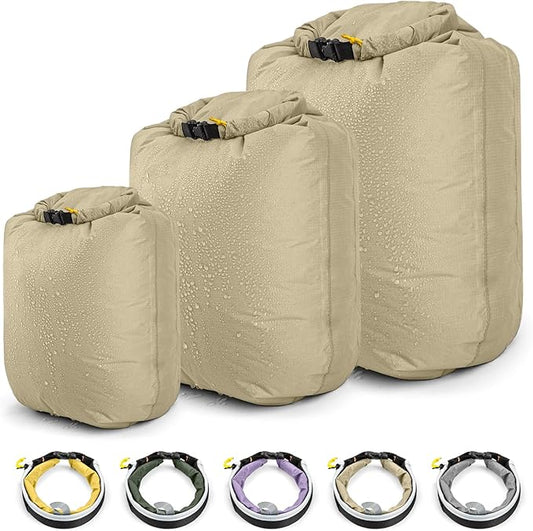 HIKEMAN Dry Bag Waterproof - Ultralight Dry Sack,Outdoor Roll Top Drybags,3-Pack Stuff Sack for Travel,Swimming,Rafting,Boating,Kayaking,Camping,Beach (Khaki)