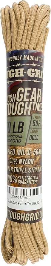TOUGH-GRID Premium 550lb Paracord Rope - 50 Ft. - Gold - 100% Nylon Type IV Mil-Spec - UV & Abrasion Resistant - Heavy Duty Strands - Outdoor Survival Rope - Used by US Military - Made in USA