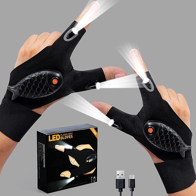 ThxToms Father's Day Gift,Rechargeable LED Flashlight Gloves,Gifts for Men,Christmas, Birthday Gifts for Dad Boyfriend Husband Men Him, Cool Gadgets Tools for Repairing Fishing Camping, 1 Pair,Black