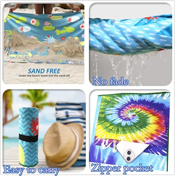 HAOKUN Microfiber Sand Free Beach Towel with Zipper Pocket Fast Dry Oversized Lightweight Big Large Towels for Travel Pool Swimming Bath Camping Adult Women Men Tie Dye Beah Towel (tie dye Colorful