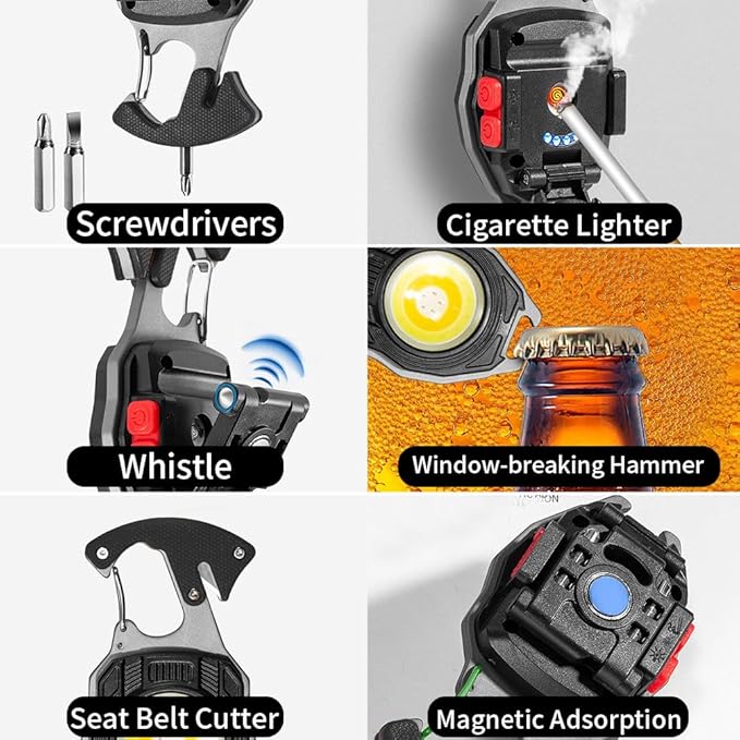 LED Small Flashlight Multitool, Rechargeable Keychain Light, COB Multi-Function Mini Work Light, 500 Lumens, 7 Lighting Modes with Electric Lighter, Seat Belt Cutter, Screwdriver, Whistle