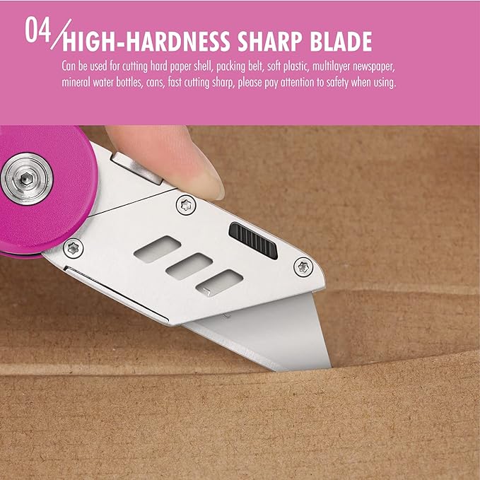 FantastiCAR Folding Utility Knife, Metal Box Cutter Body, with Safety Lock and 5 Extra Blades (Hot Pink)