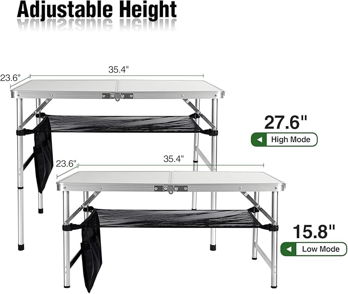 RedSwing Folding Table 3 Feet Adjustable Height, Lightweight and Portable Aluminum Hexagonal Legs Camping Table with Mesh Layer, 36 x 24 x 28 Inches