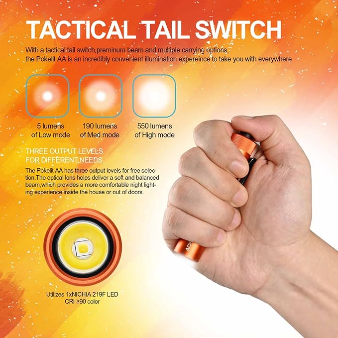 ACEBEAM Pokelit AA Rechargeable Mini Flashlight with Clip, 550 High Lumens Pocket EDC Flashlight, Super Bright Small Flashlight, 90+ High CRI Led Flashlight for Camping, Hiking, Everyday Use(Orange)