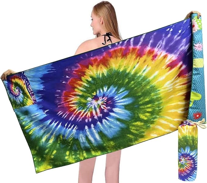 HAOKUN Microfiber Sand Free Beach Towel with Zipper Pocket Fast Dry Oversized Lightweight Big Large Towels for Travel Pool Swimming Bath Camping Adult Women Men Tie Dye Beah Towel (tie dye Colorful