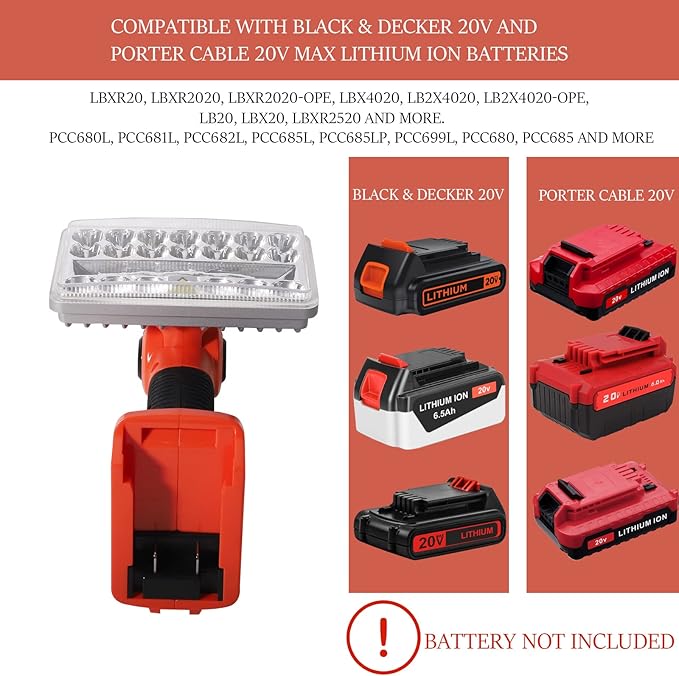 YEX-BUR for Black and Decker 20v Light, LED Work Light for Black and Decker 20V, 18W 2000LM Portable Spotlight Floodlights with USB-A Port for Camping Car Repairing Garage