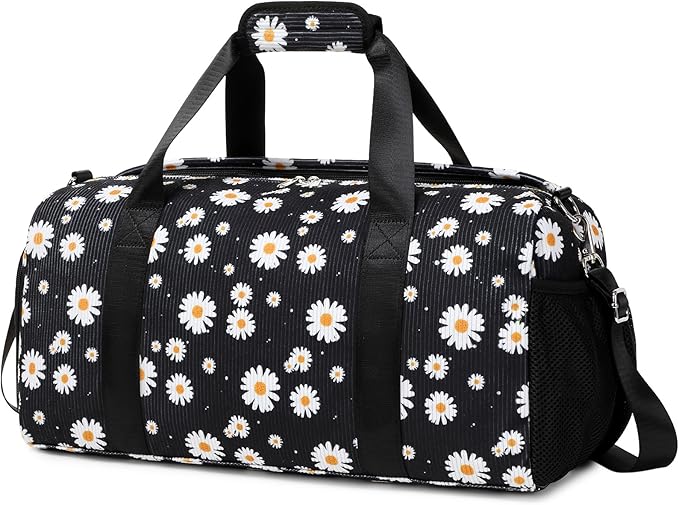 Dance Bag for Girls Gym Bag Sports Duffle Bag with Shoes Compartment Wet Pocket Weekender Overnight Bag for Girls Women Teens Corduroy Daisy Travel Duffle Bag