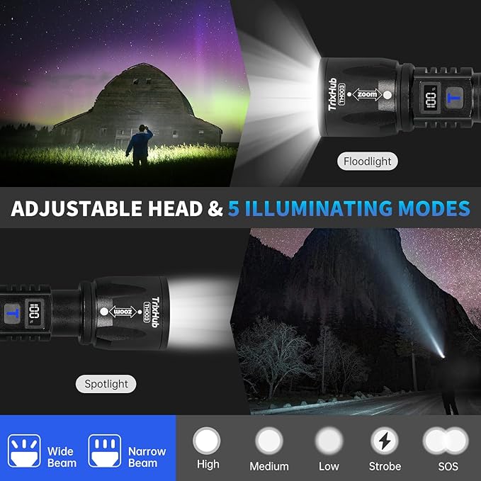 Rechargeable Flashlights 2 Pack, 990,000 Lumens Super Light Flashlight with LCD Digital Display, 5 Adjustable Mode Powerful Tactical Flashlight, Waterproof Flashlights for Camping Hiking
