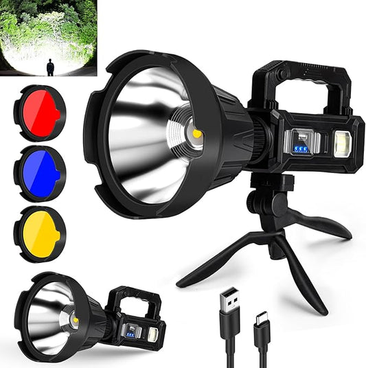 Rechargeable Spotlight, Handheld Super Bright Flashlight 1000000 High Lumens with Foldable Tripod,6 Modes and 4 Colors, Waterproof IPX6 Searchlight for Camping Fishing Hunting, USB Output