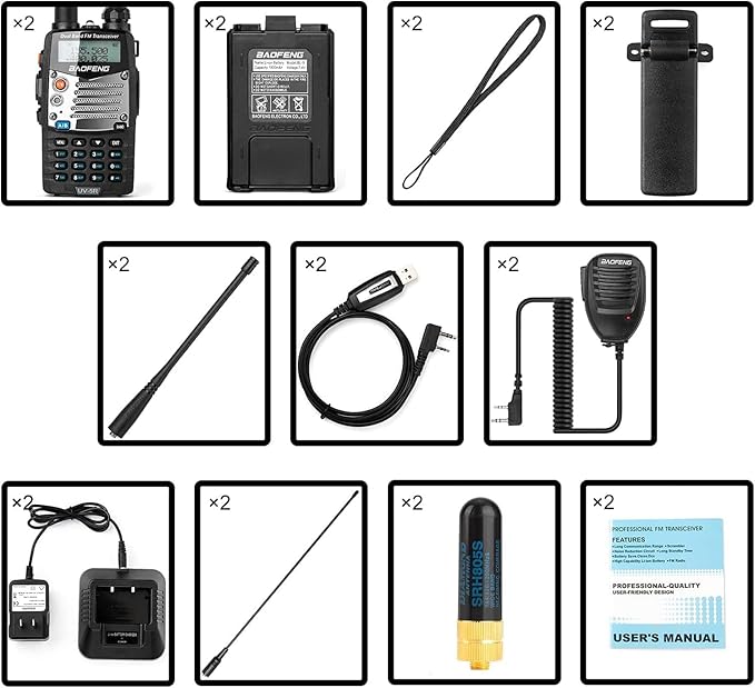 BAOFENG UV-5R 8W Ham Radio Handheld, 128 Channels Dual Band Two Way Radio, Amateur Radio with Earpiece and Mic, Programming Cable, 771 Antenna (2 Pack)