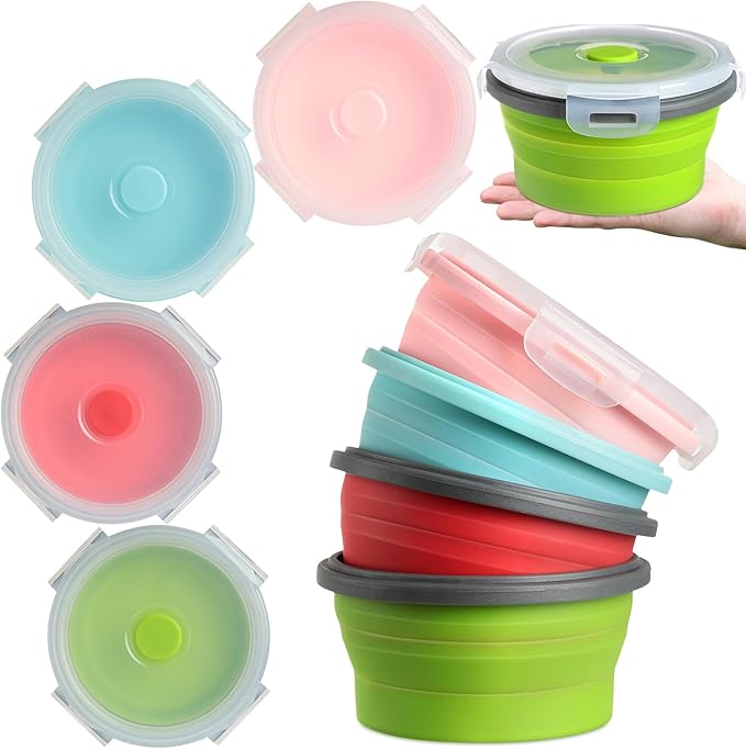 4 Pcs Camping Bowl with Lid Collapsible Silicone Bowl Lunch Box Salad Bowl Expandable Food Storage Container Set Folding Travel Bowl for Hiking Heat (Red, Pink, Blue, Green,41 oz)
