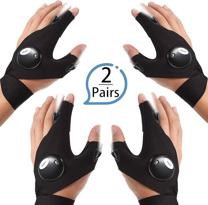Frienda 2 Pair LED Flashlight Gloves Gifts for Men Light Fingerless Outdoor Fishing Gloves Tool Gadgets Gifts for Repairing Working in Places for Men Women Fishing Camping Christmas Birthday Gift