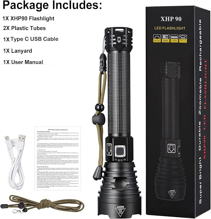NAMINA 160000LM Most Powerful XHP90 LED Flashlight Brightest Zoom Torch P90 Type C USB (Updated Version)
