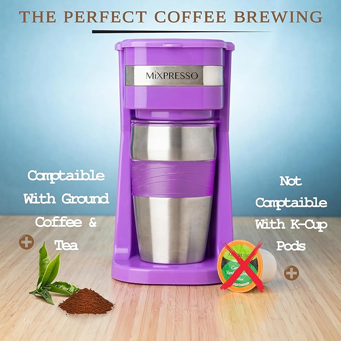 Mixpresso Personal Single-Serve Coffee Maker & 14oz Travel Mug, Drip Coffee Brewer & Tumbler, Auto Shut Off & Reusable Filter, Purple Coffee Maker Compatible with Coffee Grounds