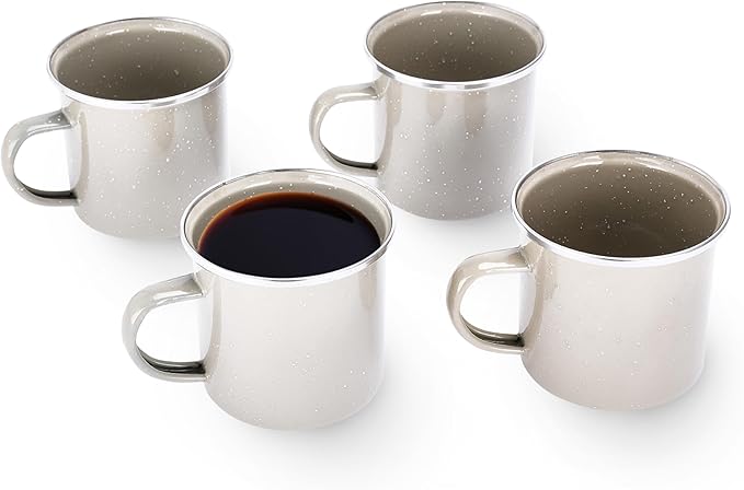 Libken Camping Mugs Enamel - 3x5x3-Inch Hot and Cold Beverage Coffee Mug - Set of 4 Enameled Steel Cups - Versatile Enamel Mugs with Comfortable Handle for Camping or Cozy Morning at Home - Beige