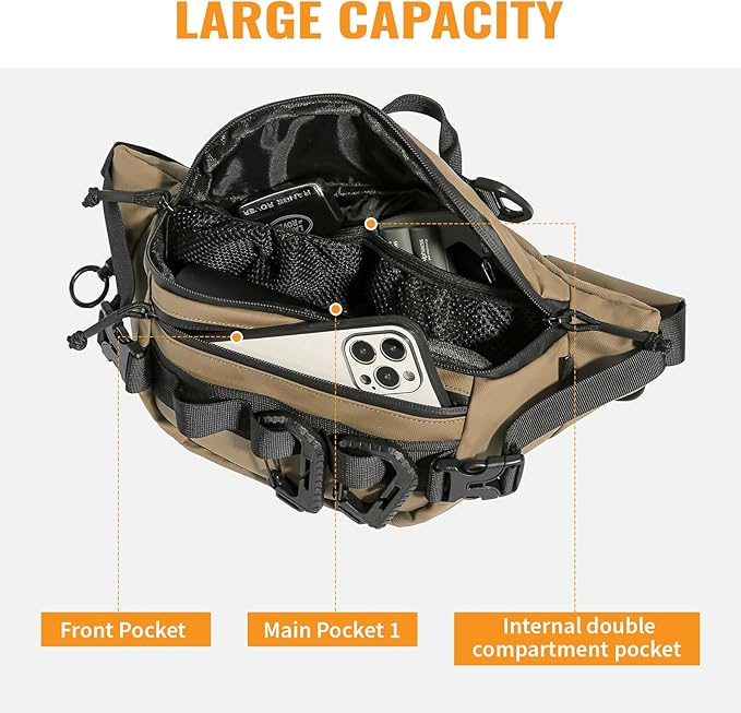 CamGo Tactical Fanny Pack for Men Women Military Waist Bag Molle Utility Hip Belt Pouch Crossbody Bags Bumbag for Cycling Hiking Walking Fishing Khaki