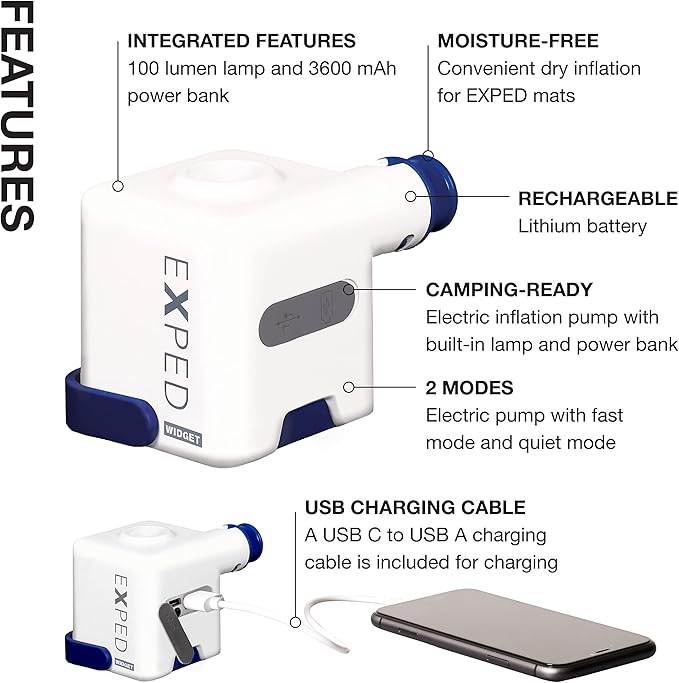 Exped Widget | High-Power Sleeping Mat Pump | Rechargeable Battery Bank | Lumen Lantern, White/Navy